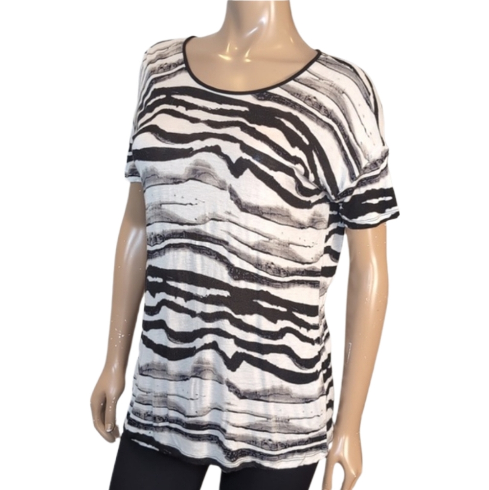 Kensie Zebra Print Tshirt Slouchy Short Sleeve Top Womens Black White